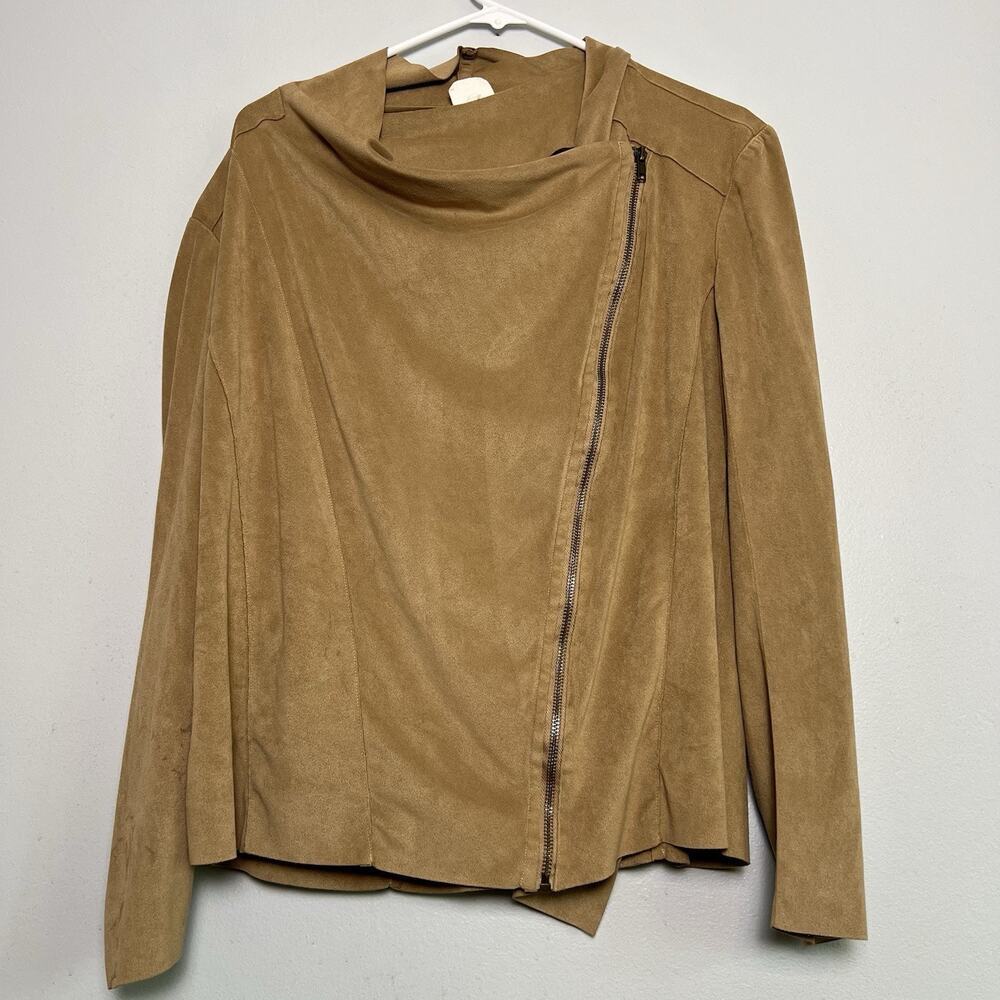 Mote Womens Tan Khaki Faux Suede Draped Full Zip Stretch Moto Jacket XXL Brown